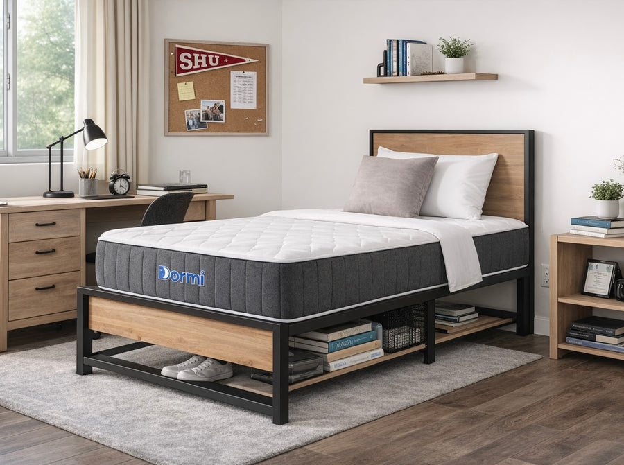Dormi premium dorm bed set up in a Sacred Heart room