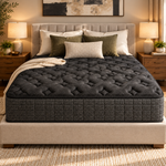DreamLuxe Elite on an upholstered bed frame in a warm bedroom