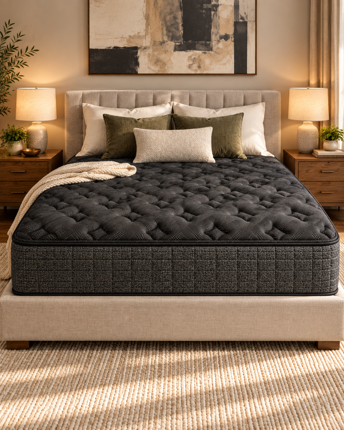 DreamLuxe Elite on an upholstered bed frame in a warm bedroom